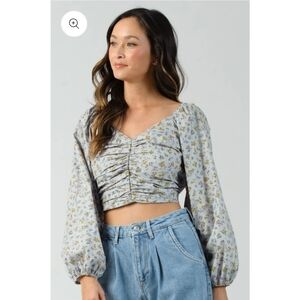 New! MARINA RUCHED FRONT L/S CROP TOP-BABY BLUE FLORAL sz Sm